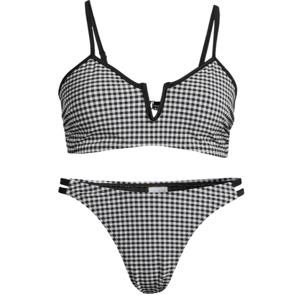Time & Tru M Swim Suit Black Strappy & V-Wire Bralette Top Set Bikini Medium